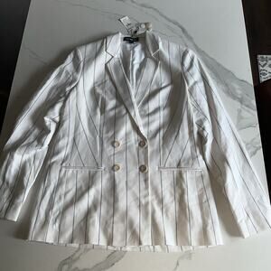 NEW EXPRESS $198 White Black Stripe Linen Blend Double Breasted Blazer Size XS